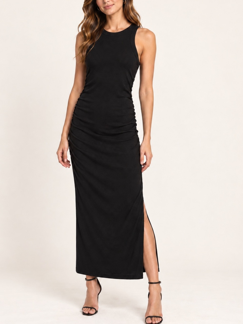 Michael Stars Black Ruched Sleeveless Maxi Dress Size M Made in USA